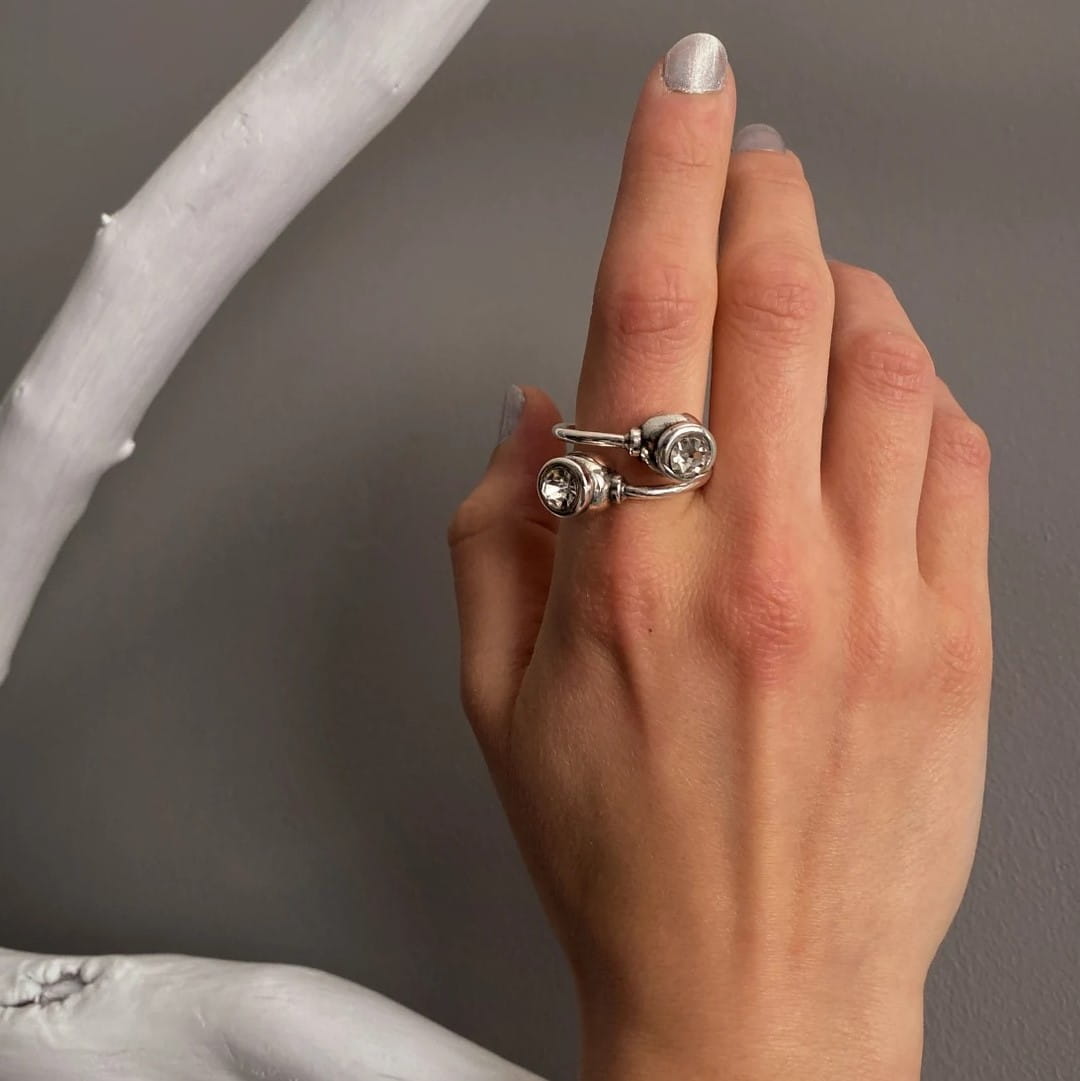 Silber Ring Swarovski Doppel Kugel